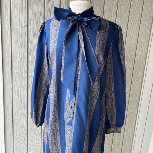 VTG Bayard Sport Blue Stripe Bow Tie Shirt Dress A-Line Made in USA L - Picture 9 of 13